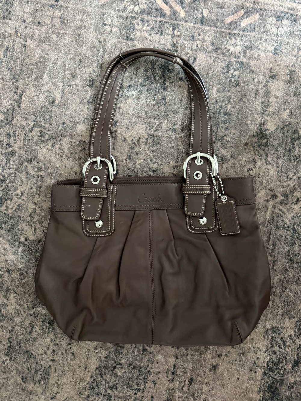 Coach Dark Brown Leather Shoulder Tote with Silver Hardware